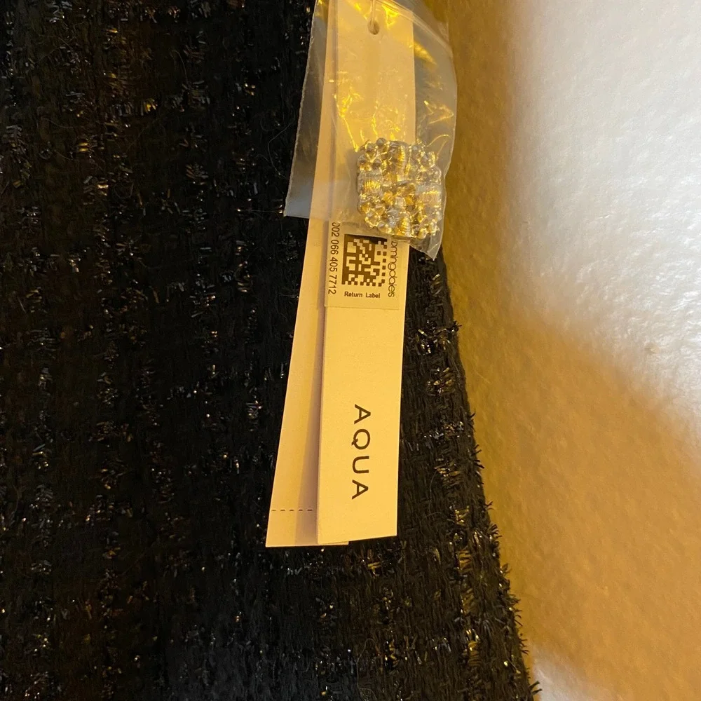 AQUA Black Tweed Mini Dress Off Shoulder Party Cocktail Rhinestone Buttons M - Picture 14 of 16